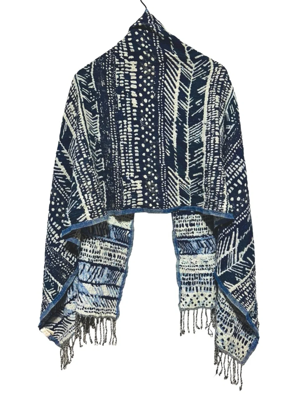 WILFRED Wool Scarf Tribal Indigo Boho Coastal Minimalist Fringe - Picture 6 of 7